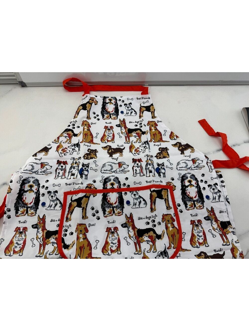 Home-X Dog Print Kitchen Apron with Red Trim and Pocket